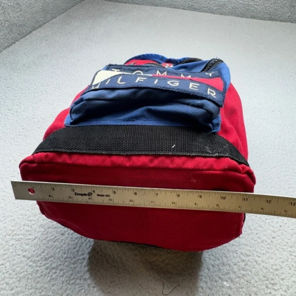VINTAGE Tommy Hilfiger Backpack Red Blue 90s Alpine Olympics Patch‎ Cinch Canvas